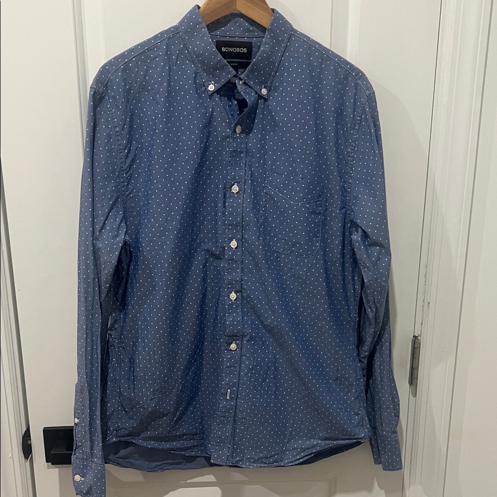 Bonobos Blue Button-Down Shirt with White Dots Size Large Slim Fit